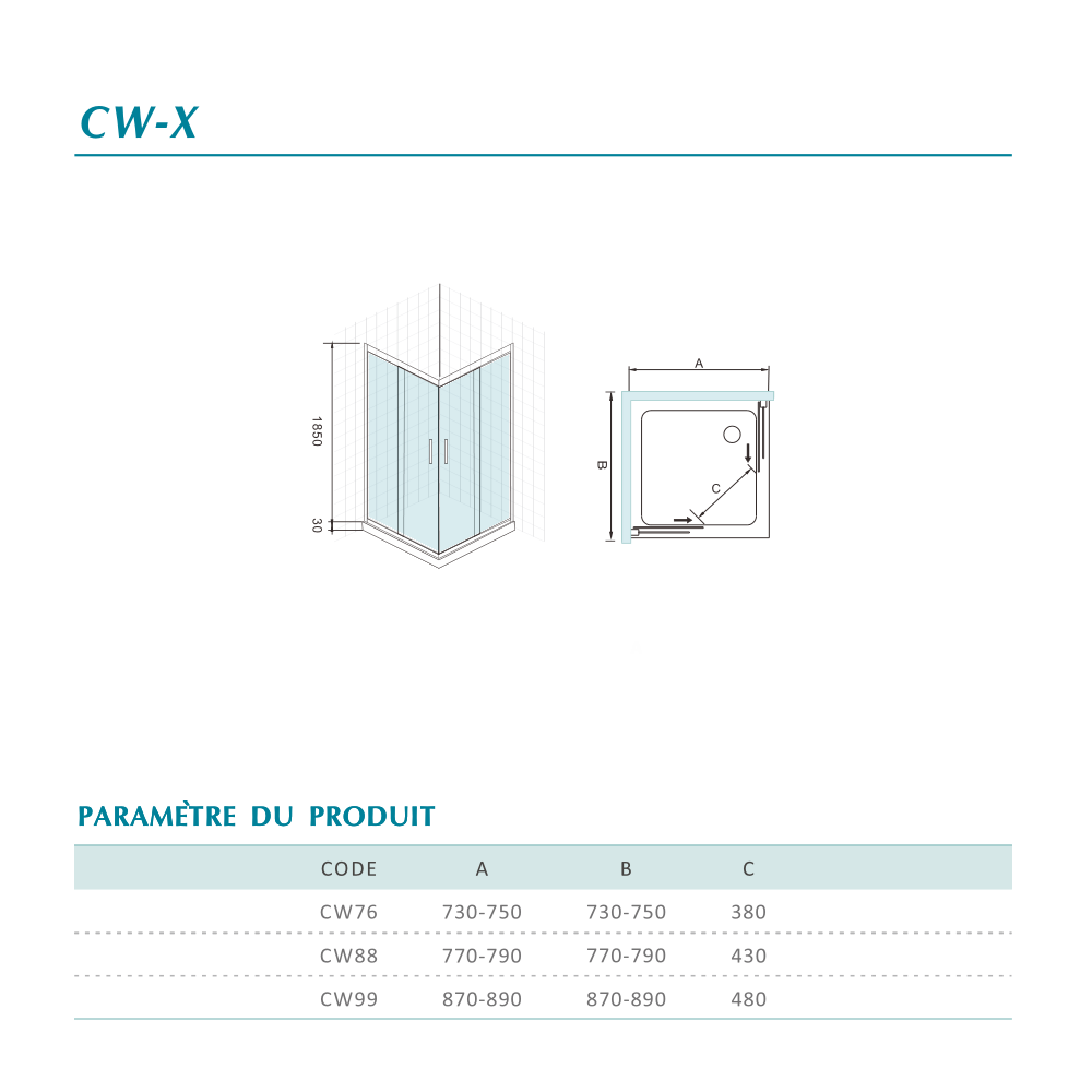 fiche technique cabine de douche en verre securit transparent anticalcaire avec deux portes coulissantes hauteur 185cm