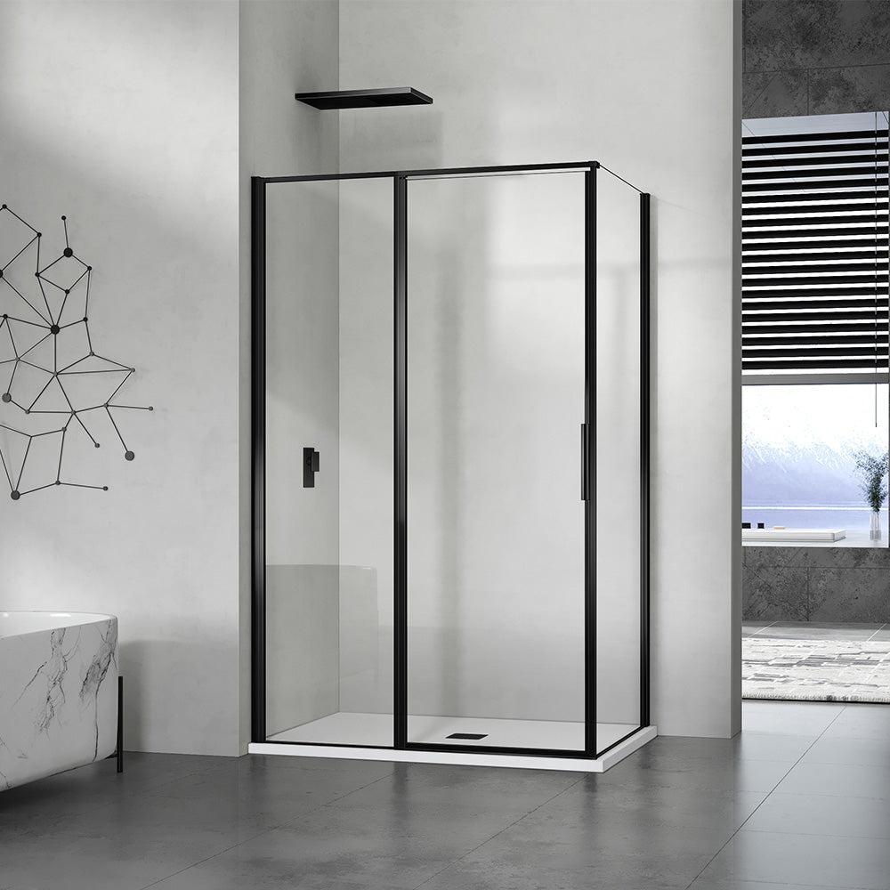 grandverre cabine de douche avec paroi latérale fixe et porte pivotante avec un élément fixe profilés et accessoires en aluminium noir mat