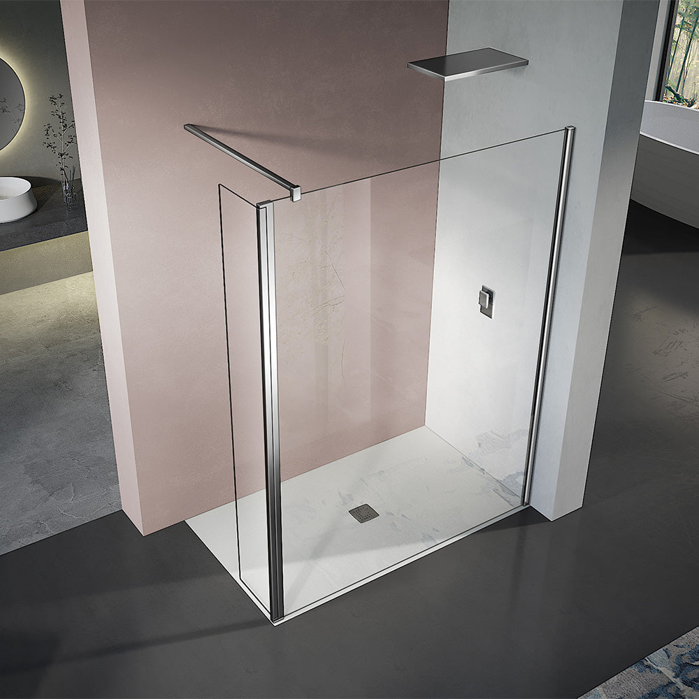 Paroi de douche ou walkin avec partie fixe et partie pivotante en verre transparent anticalcaire et profilés + barre de fixation en aluminium anodisé chromé aspect inox