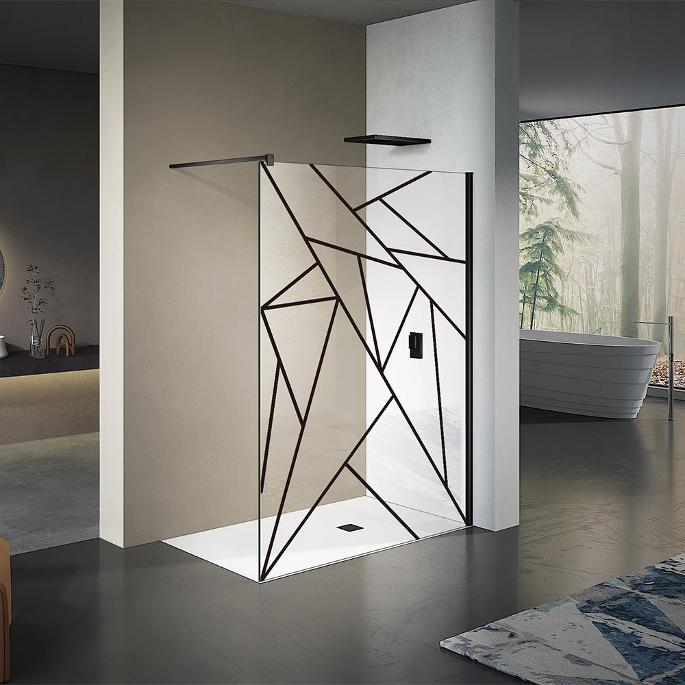 Paroi de douche italienne avec motifs en noir mat avec barre de stabilisation 90 cm
