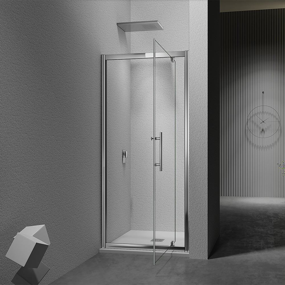 porte pivotante en niche verre transparent profilés et accessoires en inox