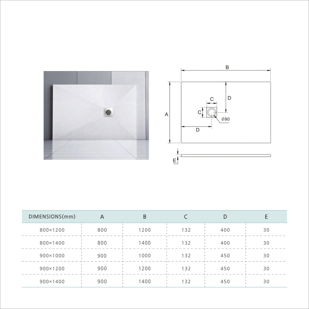 Receveur de douche Extra plat en résine Blanc antidérapant recoupable avec une grille en inox