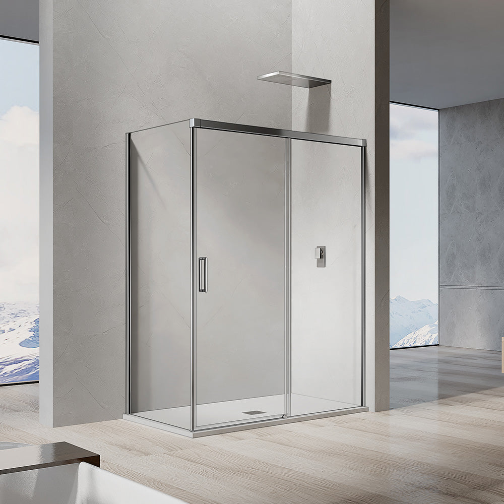 cabine de douche hauteur 195cm verre securit 8mm transparent anticalcaire avec porte coulissante et paroi latérale fixe accessoires et profilés chromés