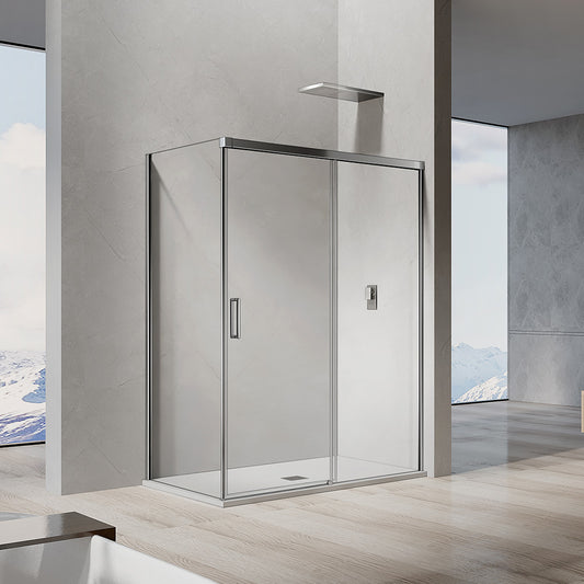 cabine de douche hauteur 195cm verre securit 8mm transparent anticalcaire avec porte coulissante et paroi latérale fixe accessoires et profilés chromés