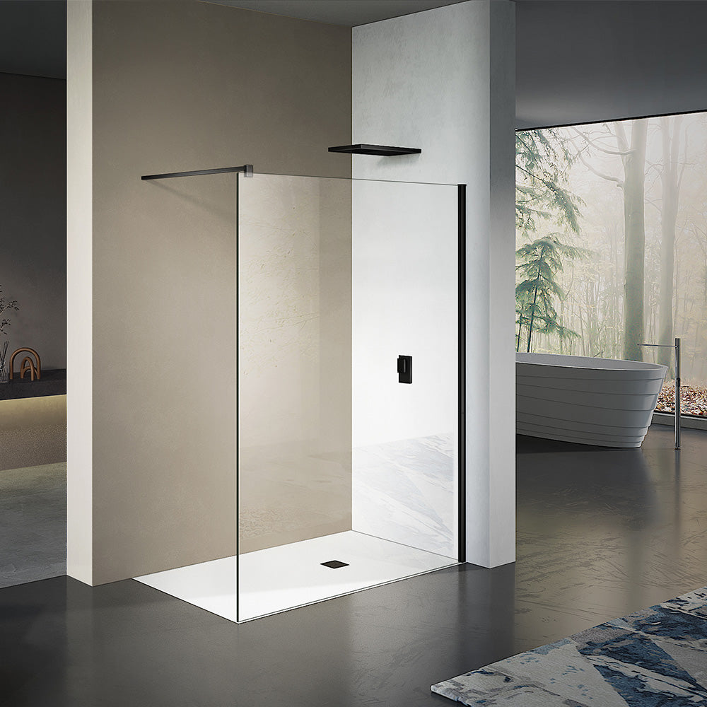 paroi de douche walkin en verre securit 8 mm hauteur 200cm avec barre de maintien et profilé mural noir mat