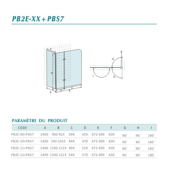 fiche technique et mesures pour Pare-baignoire avec paroi fixe