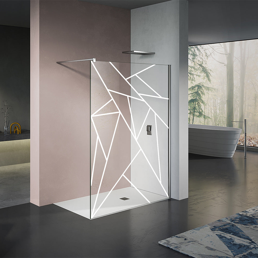 Paroi de douche italienne avec motifs en blanc modèle oblique avec barre de stabilisation 90 cm