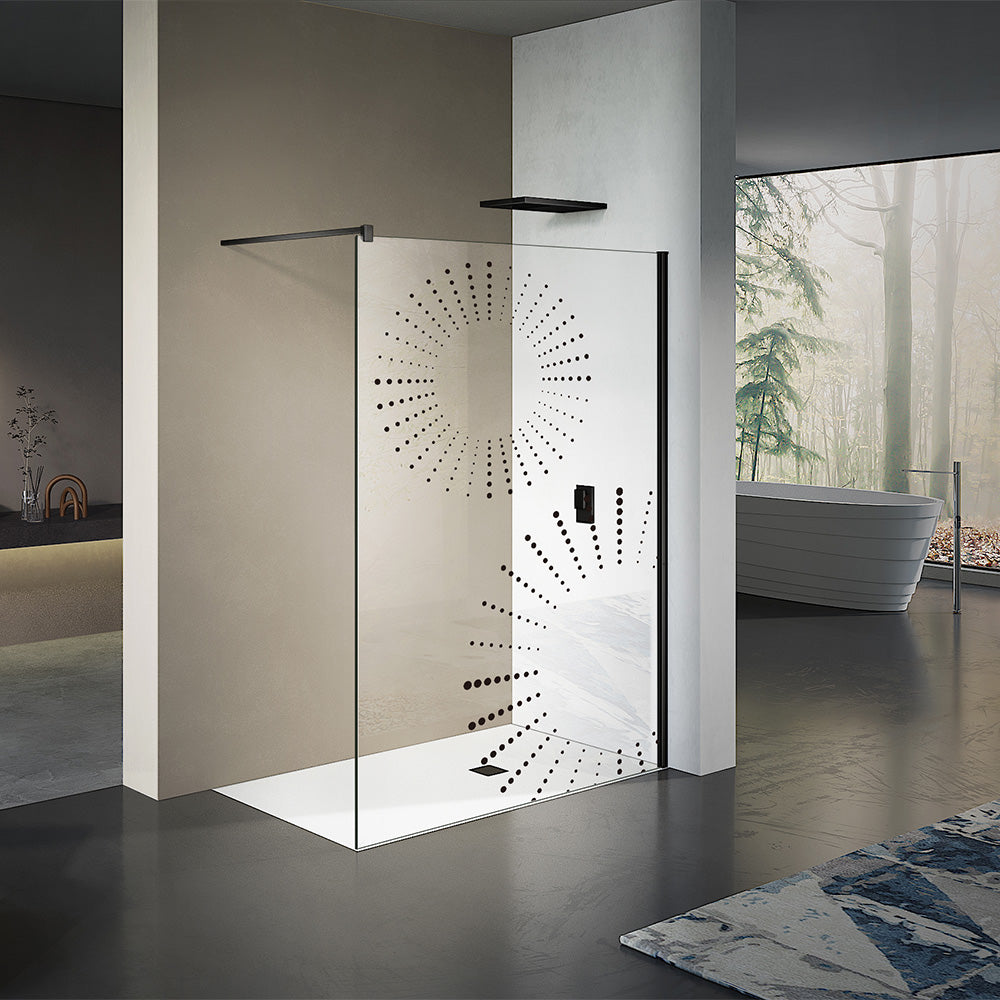 Paroi de douche avec motifs imprimés en noir mat avec barre de stabilisation 90 cm