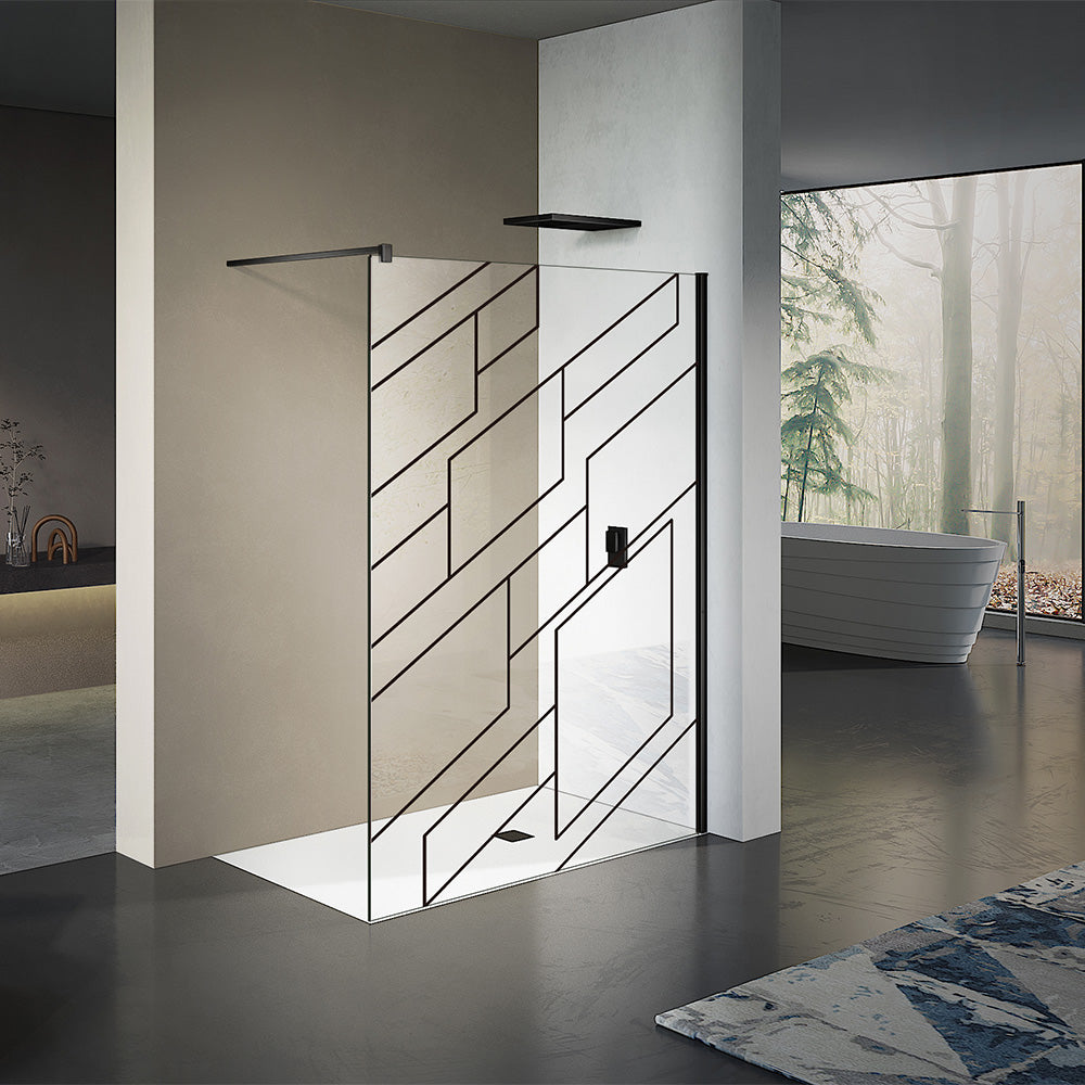 Paroi de douche italienne avec motifs en noir mat avec barre de stabilisation 90 cm