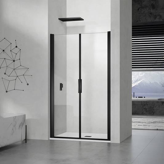 Porte de douche battante hauteur 200 deux volets profilés noirs mat verre 8mm
