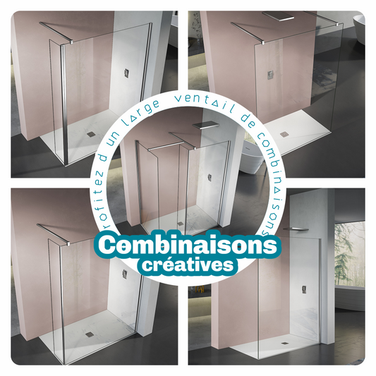 Paroi de douche à l'italienne personnalisée avec plusieurs éléments fixes et barres de fixation murales