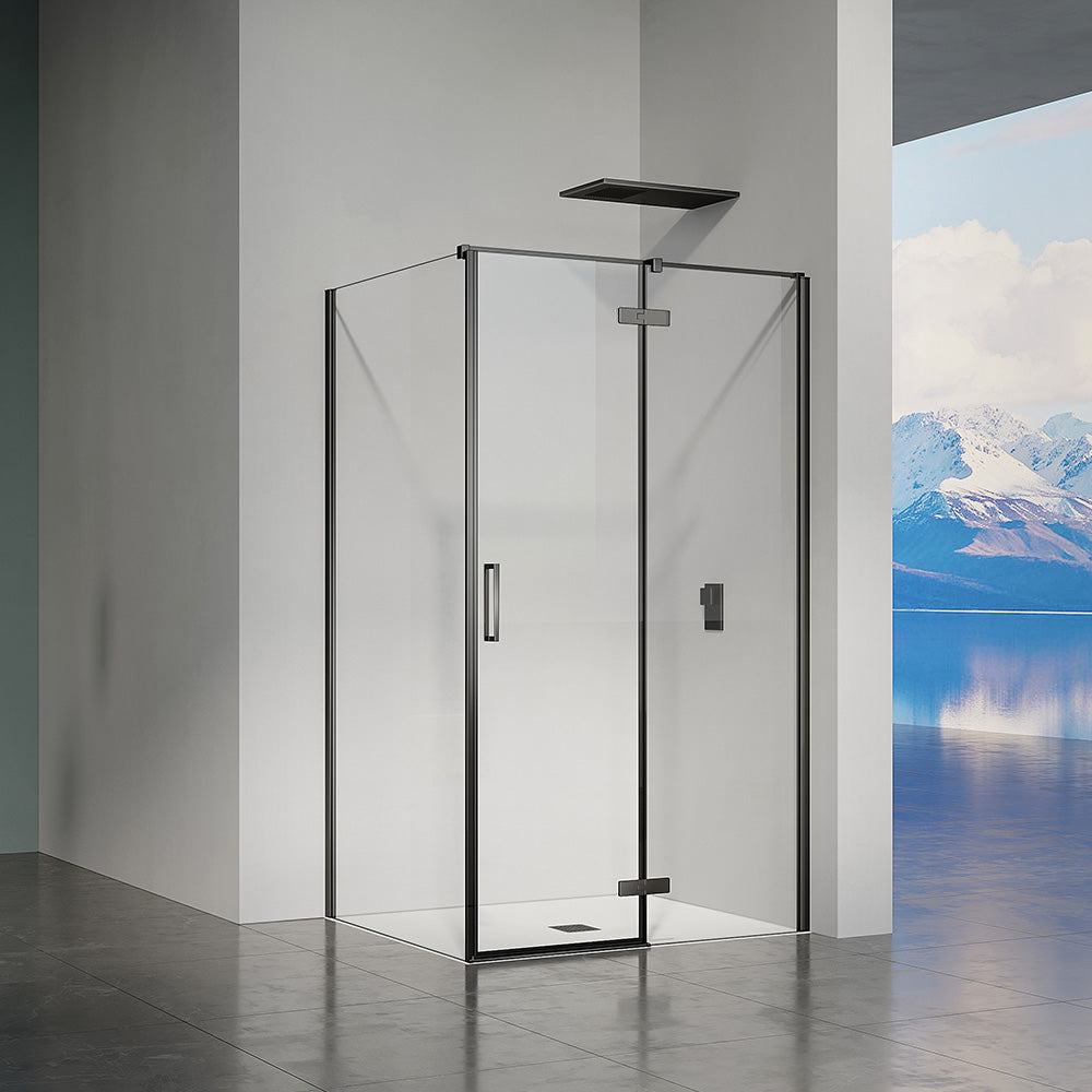 Cabine de douche en verre transparent avec porte pivotante vers la droite et paroi latérale fixe