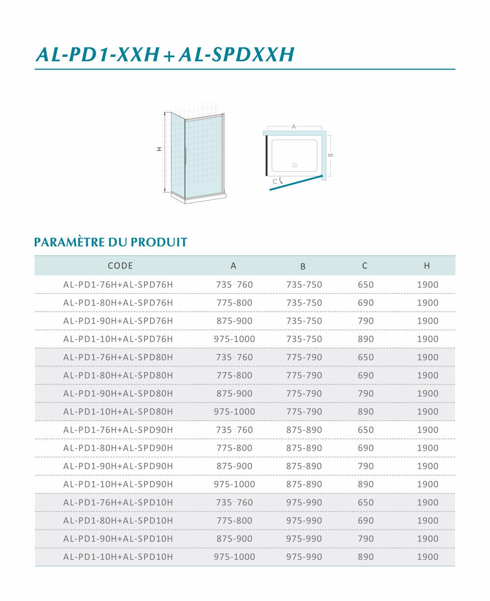 Tableau des dimensions cabine de douche en verre système pivotant