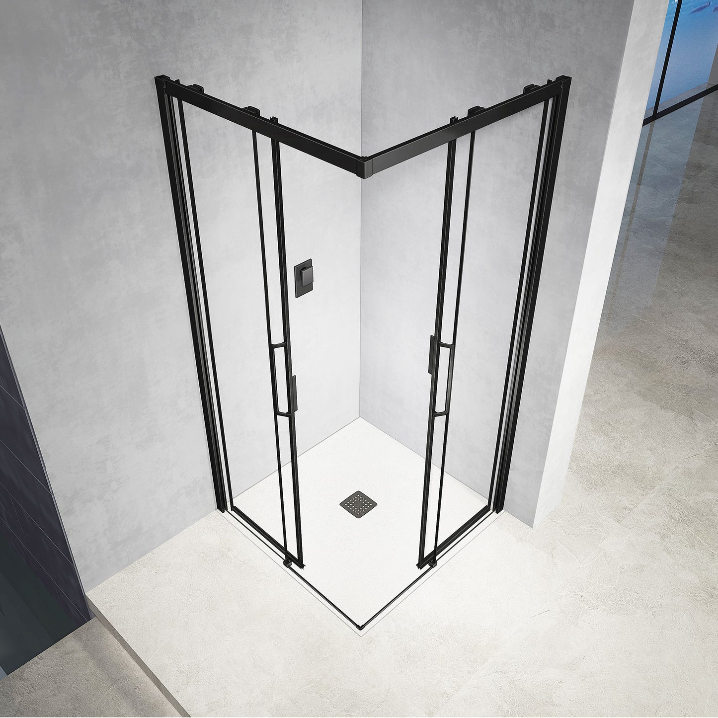Cabine de douche accès d'angle avec deux portes coulissantes en aluminium noir mat