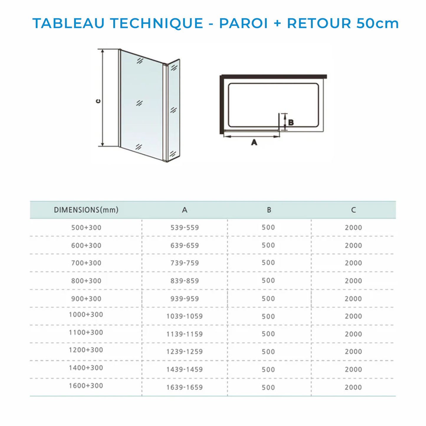 Paroi de douche avec retour pivotant en verre securit 8 mm transparent