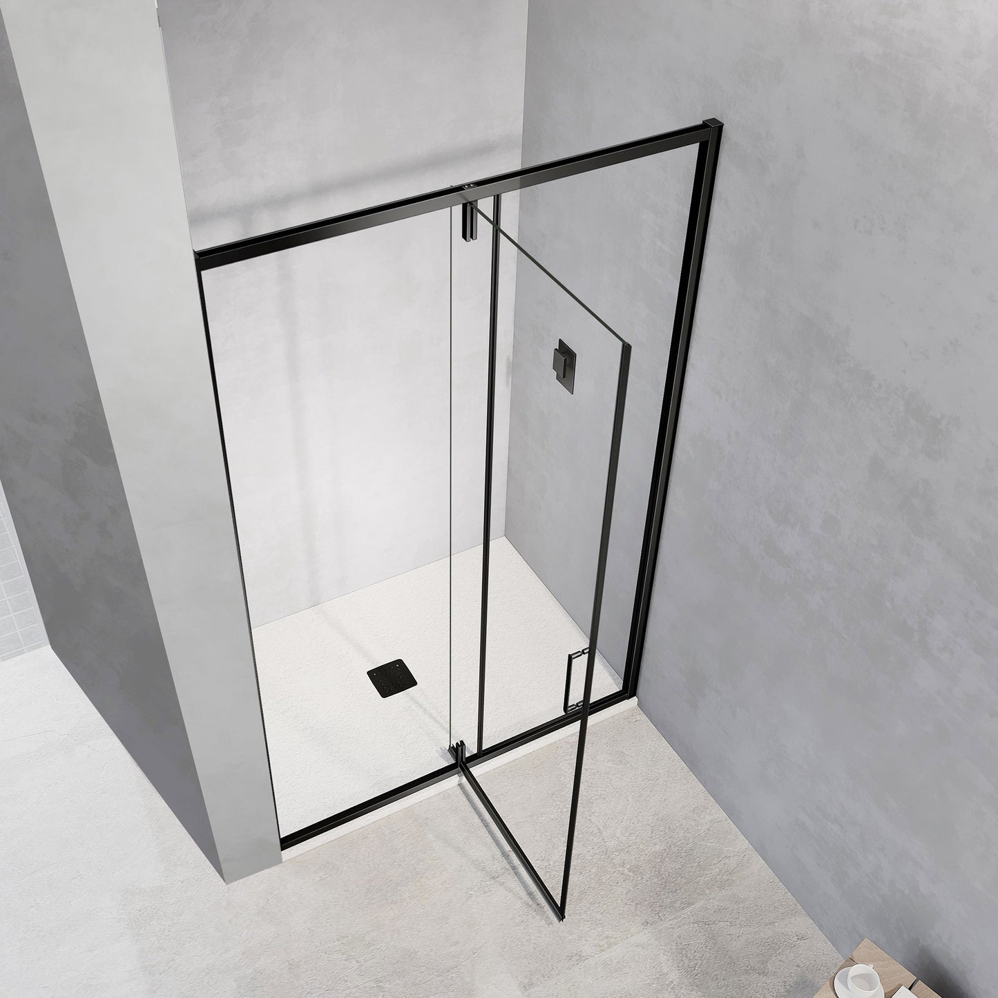 Porte de douche pivotante avec cadre en alu noir mat ouverte vers l'extérieur