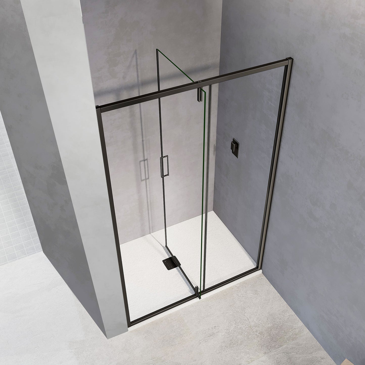 Porte de douche pivotante avec cadre en alu noir mat ouverte vers l'intérieur