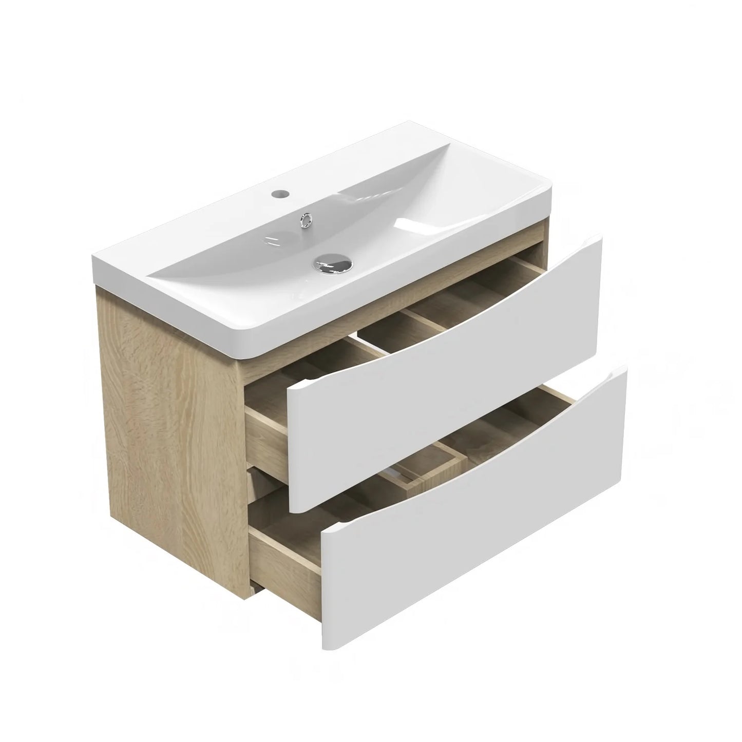 Meuble de salle de bain, avec lavabo, Meuble sous vasque suspendu avec tiroirs de rangement 80cm, Blanc et Bois Clair