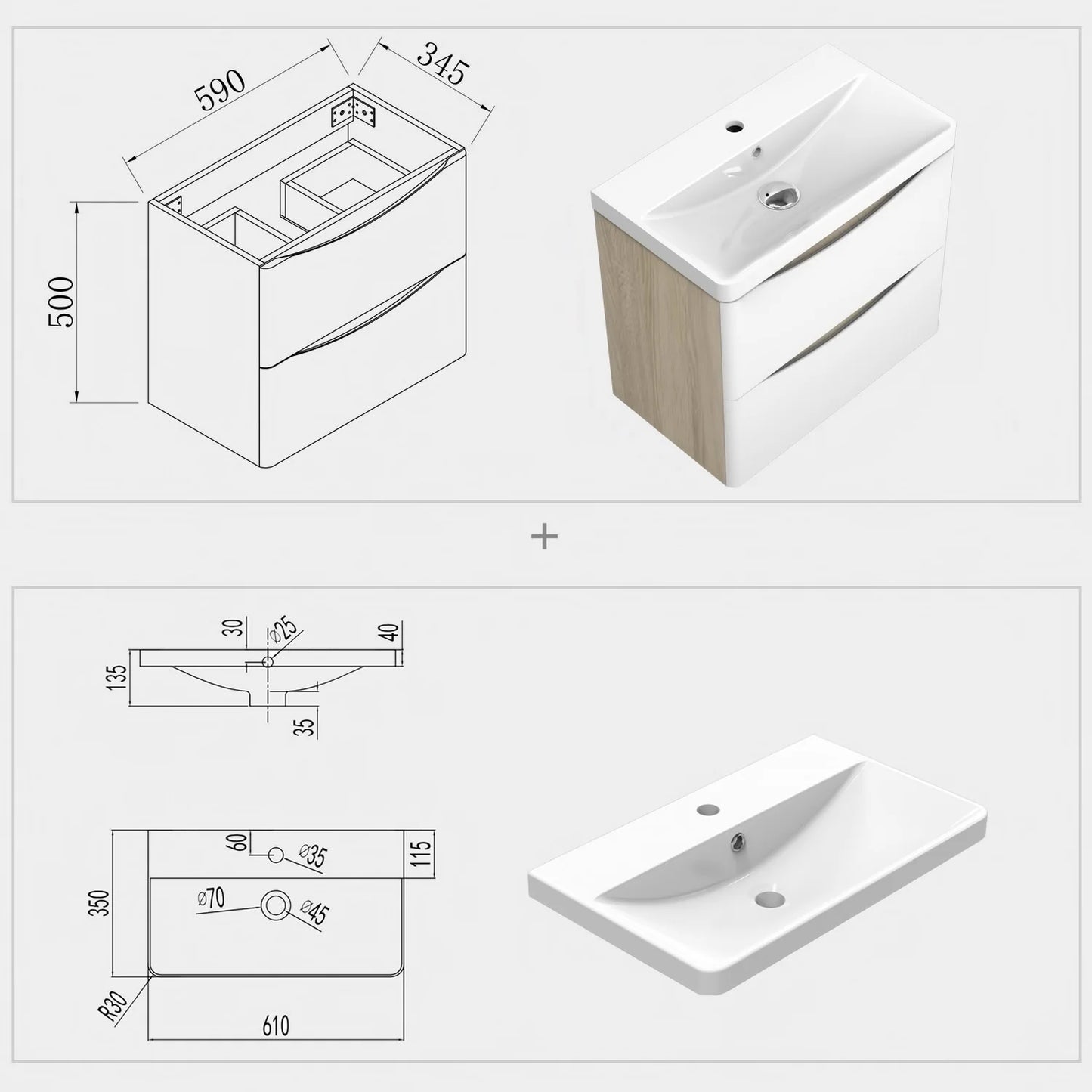 Meuble de salle de bain, avec lavabo, Meuble sous vasque suspendu avec tiroirs de rangement 80cm, Blanc et Bois Clair