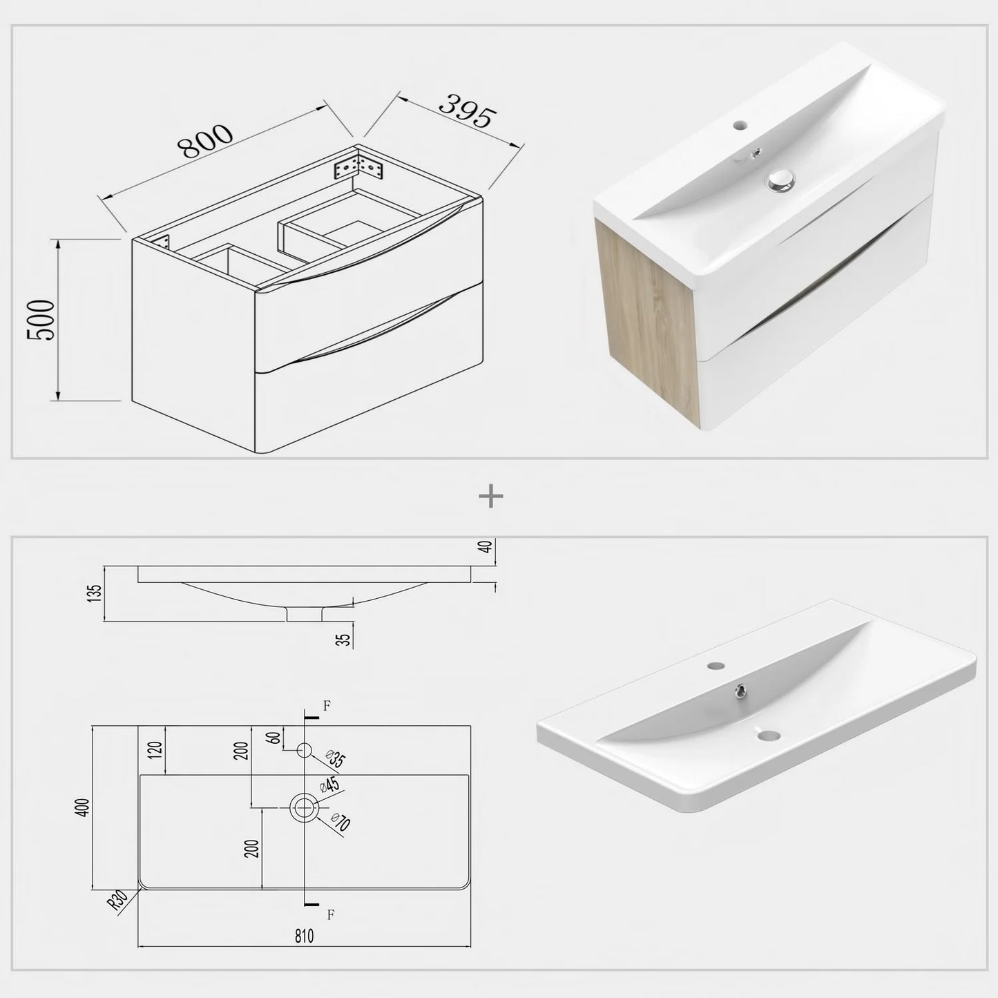 Meuble de salle de bain, avec lavabo, Meuble sous vasque suspendu avec tiroirs de rangement 80cm, Blanc et Bois Clair