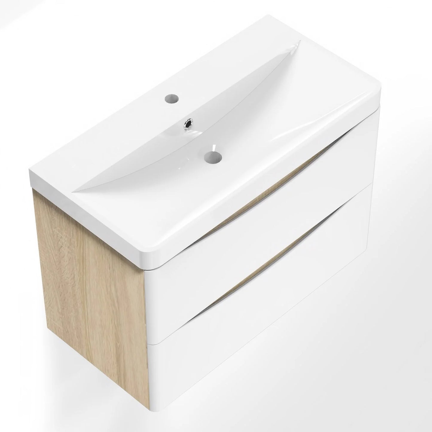 Meuble de salle de bain, avec lavabo, Meuble sous vasque suspendu avec tiroirs de rangement 80cm, Blanc et Bois Clair