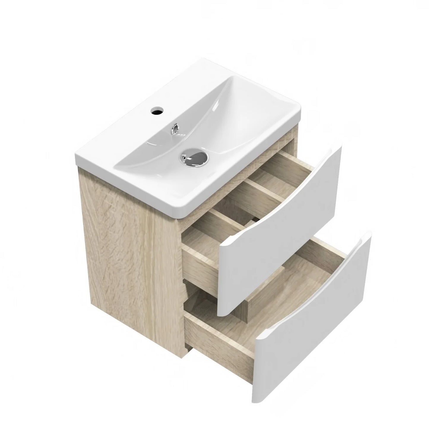 Meuble de salle de bain, avec lavabo, Meuble sous vasque suspendu avec tiroirs de rangement 80cm, Blanc et Bois Clair