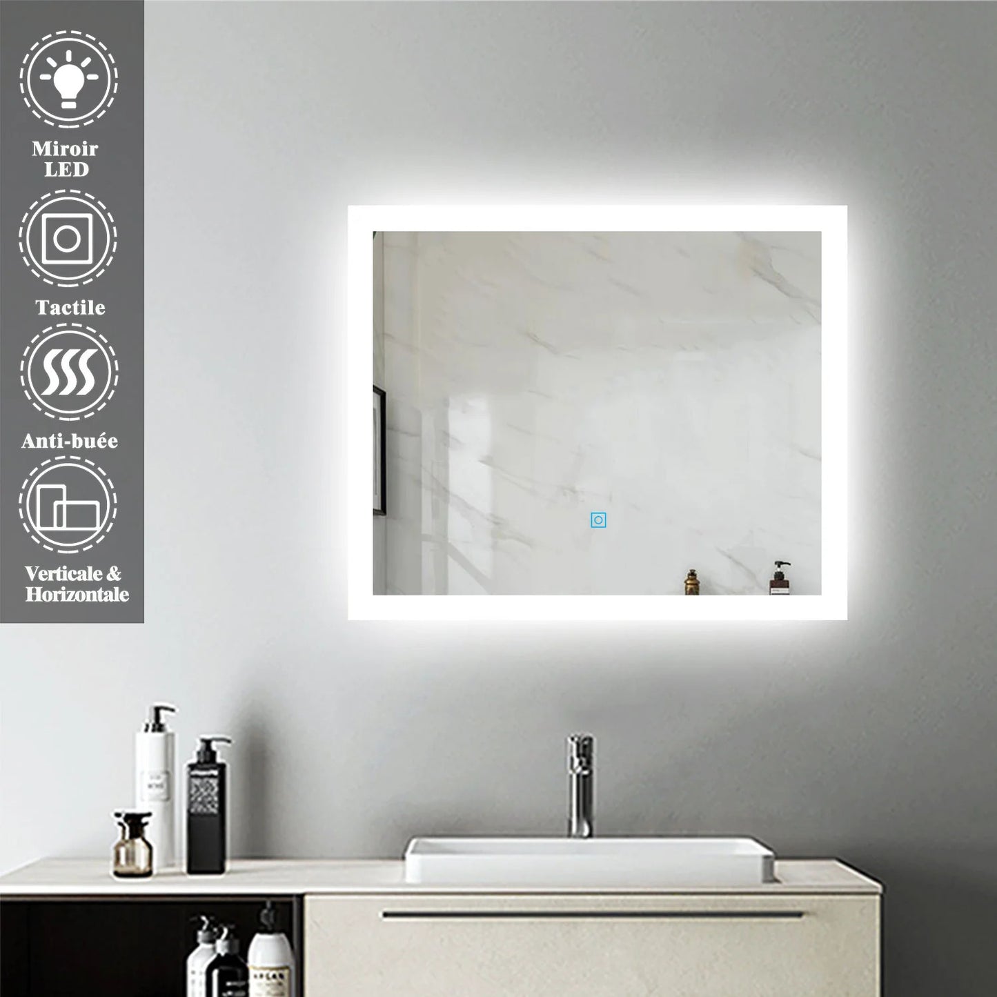 Miroir Anti-buée avec éclairage LED intégré avec pose verticale ou horizontale