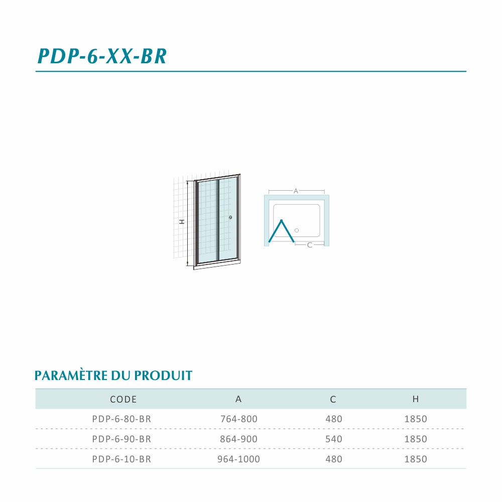 Tableau des dimensions pour porte de douche pliante en verre securit 4mm transparent