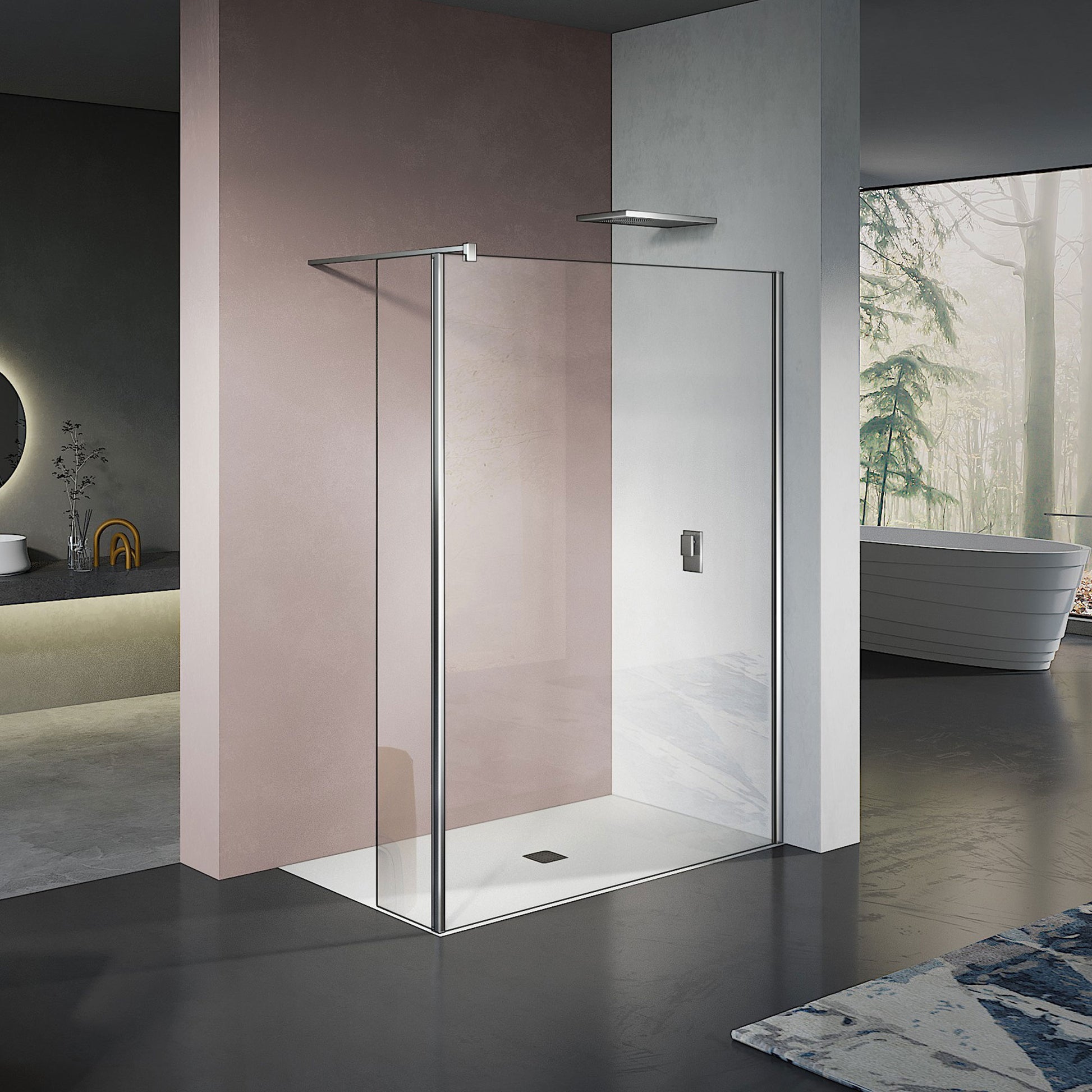 grandverre paroi de douche walkin avec partie fixe et retour pivotant en verre securit transparent 8 mm hauteur 200 cm