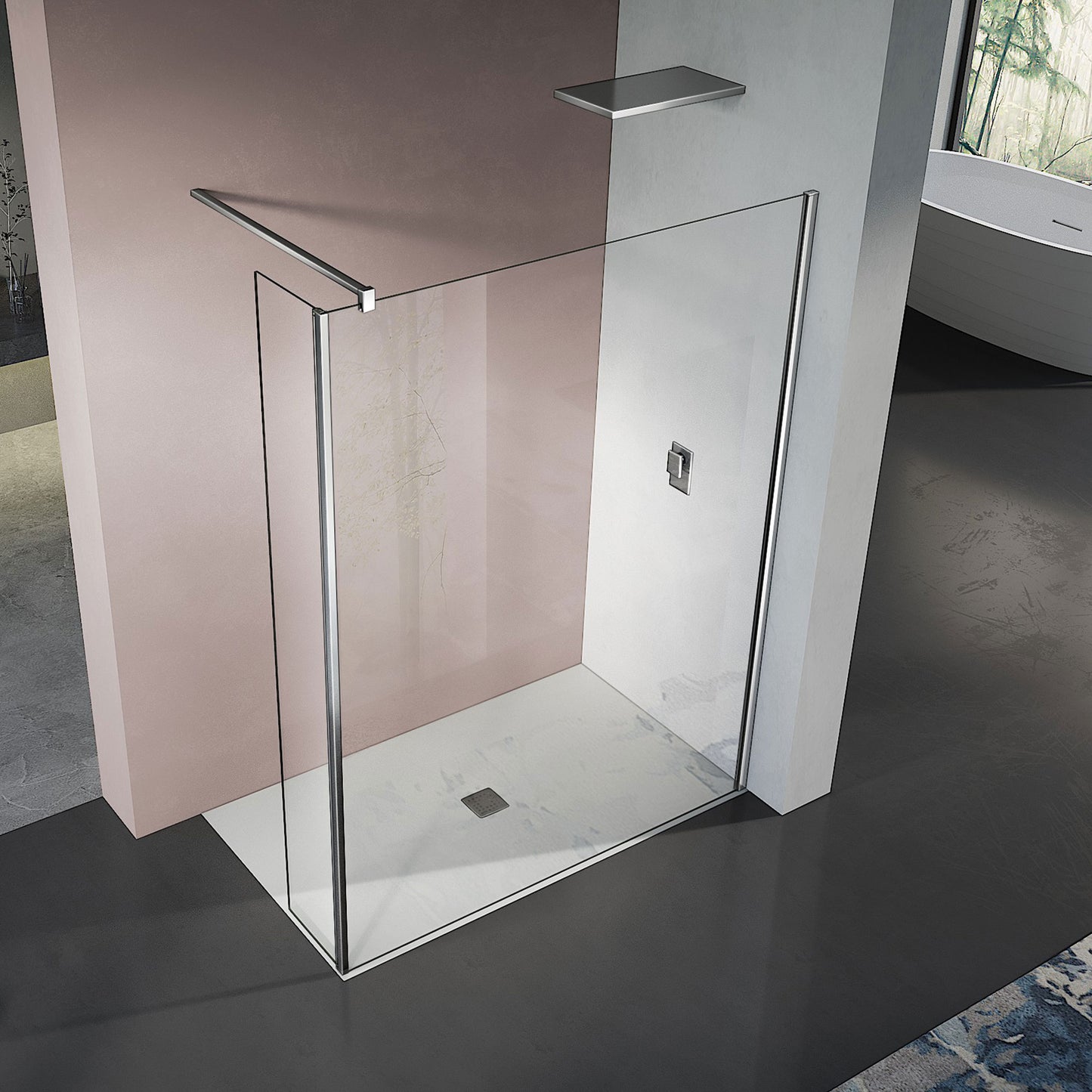 Paroi de douche ou walkin avec partie fixe et partie pivotante en verre transparent anticalcaire et profilés + barre de fixation en aluminium anodisé chromé aspect inox