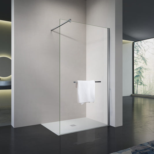 Paroi de douche avec porte serviette, barre de fixation et profilé vertical en aluminium chromé