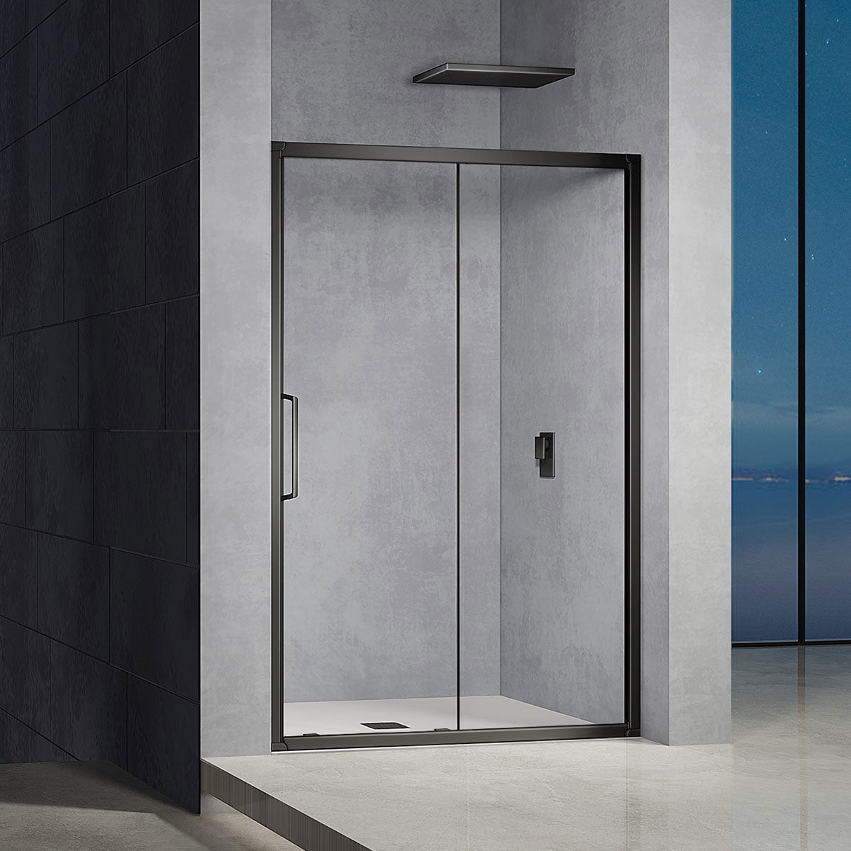 Porte de douche en aluminium et verre profilés noirs mats installation entre deux murs