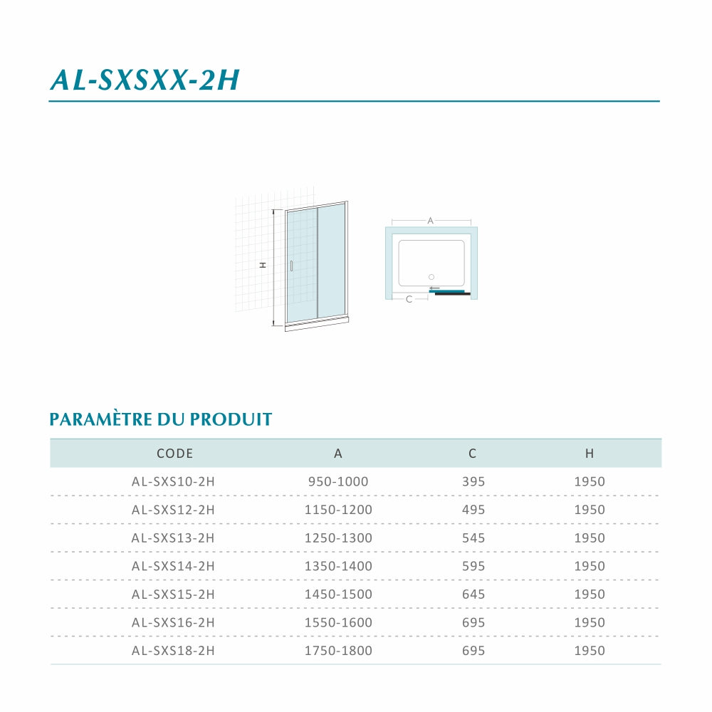 Tableau des dimensions pour porte de douche pour installation en niche
