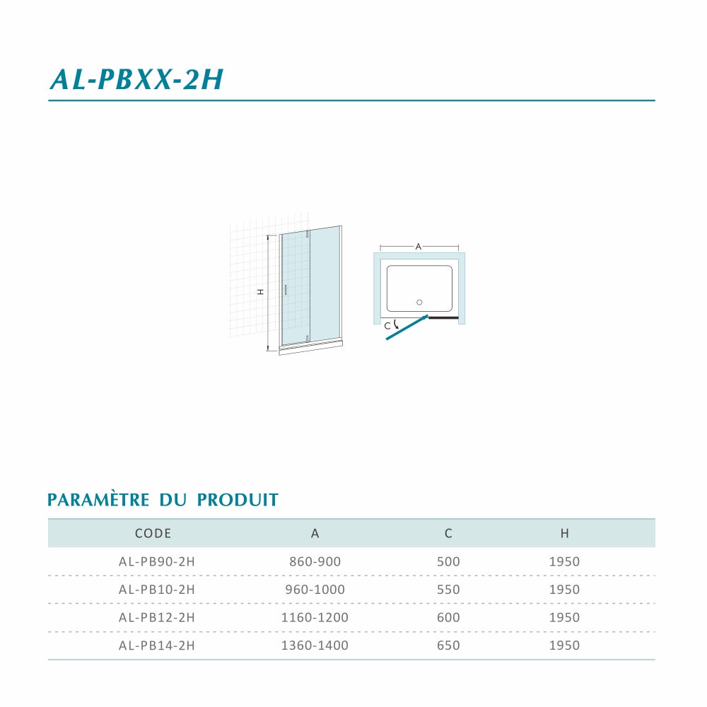 Tableau des dimensions pour porte de douche pivotante avec élément fixe en verre 6mm