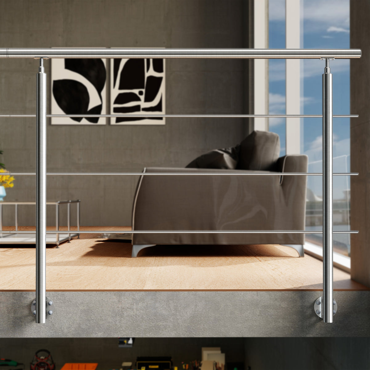 Garde-corps en acier inoxydable 304 3 traverses intérieur ou extérieur Fixation latérale à l'anglaise