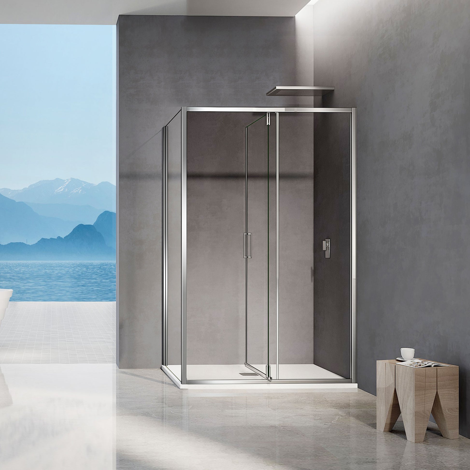 Cabine de douche encadrée en alu chromé avec porte pivotantevers l'intérieur