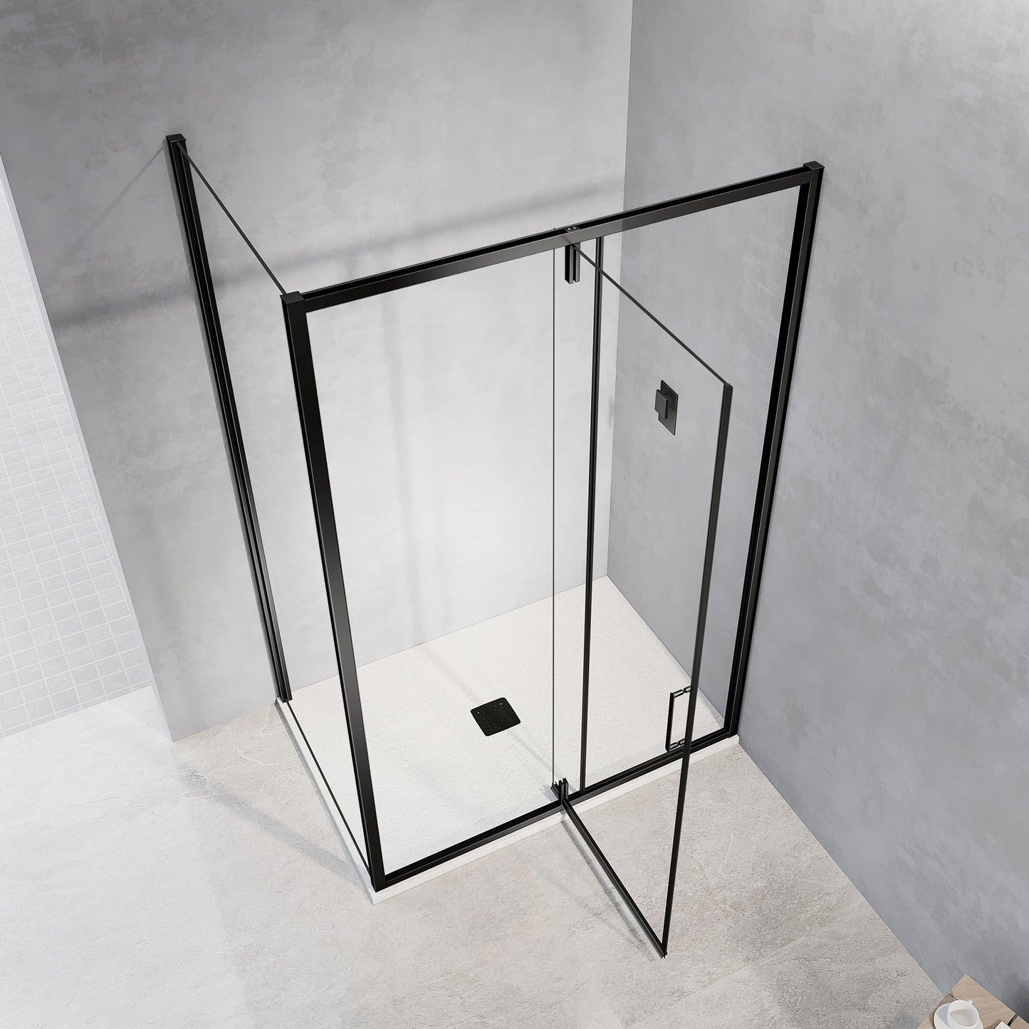 Cabine de douche encadrée en alu noir mat avec porte pivotantevers l'extérieur