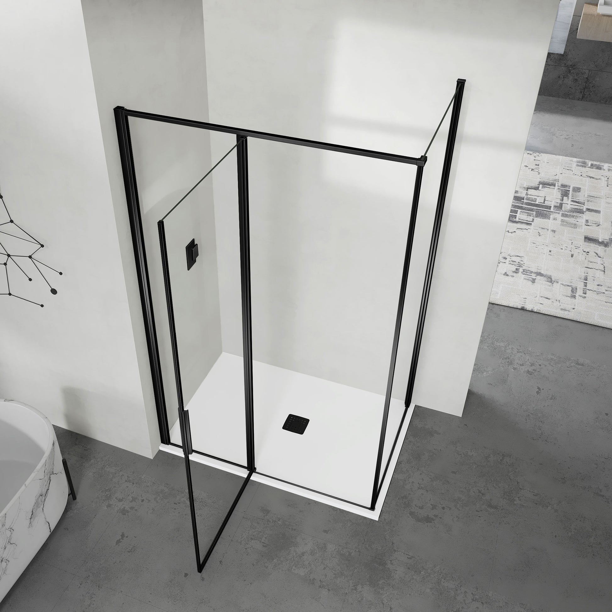 grandverre porte pivotante d'une cabine de douche en L avec partie pivotante et élément fixe profilés en noir mat