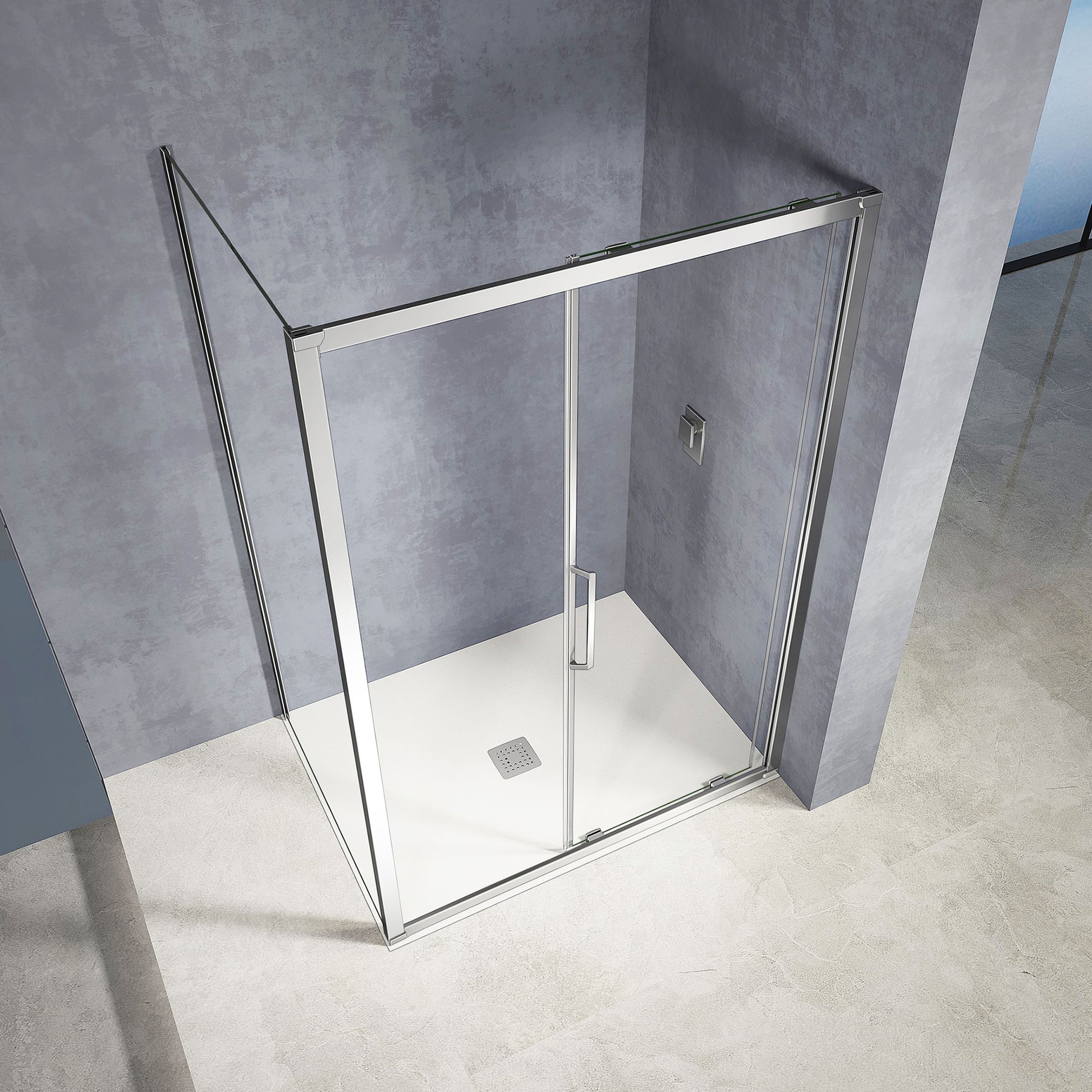 Accessoires pour cabine de douche coulissante en acier et plexiglas.