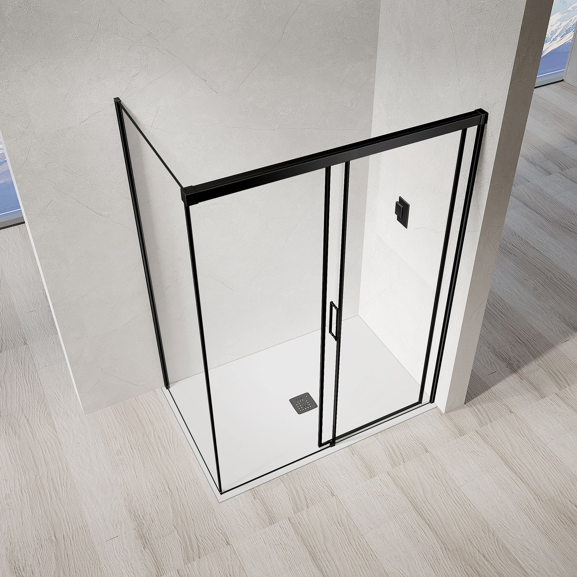 Cabine de douche de coin avec accès de face par porte coulissante profilés en alu noir mat