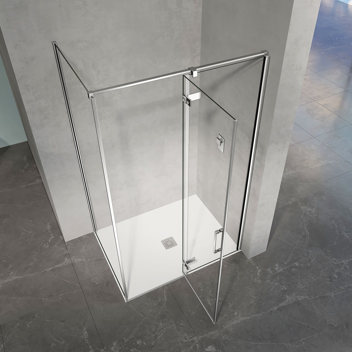 Cabine de douche en verre transparent avec porte pivotante vers la droite et paroi latérale fixe