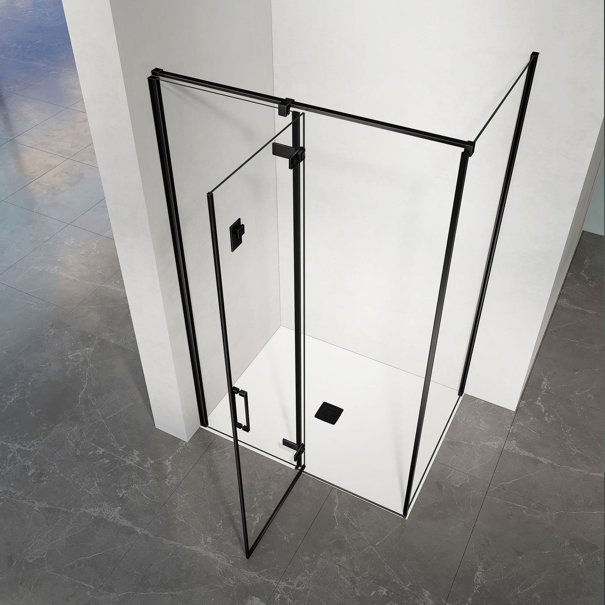 Cabine de douche avec porte à charnières ouverture vers l'extérieur profilés en alu noir mat