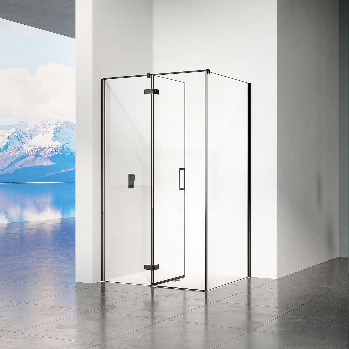 Cabine de douche avec porte à charnières ouverture vers l'intérieur profilés en alu noir mat