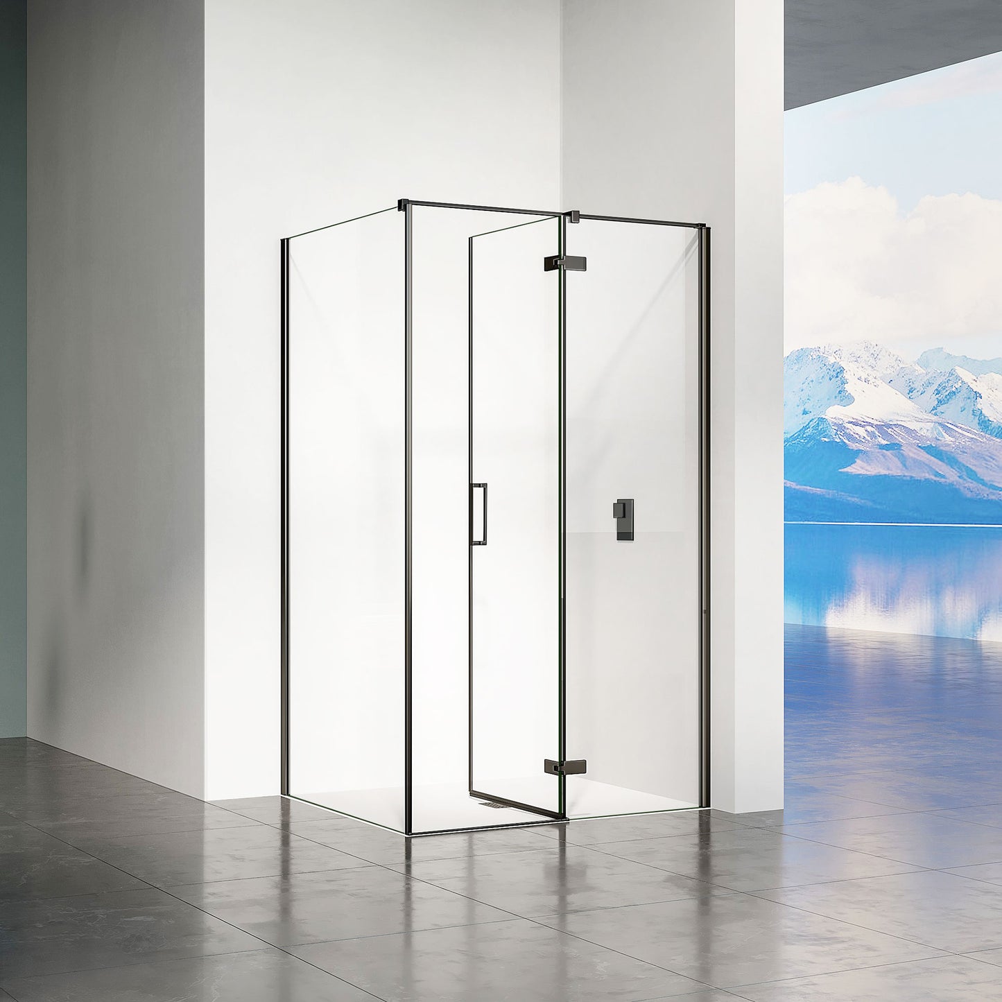 Cabine de douche en verre transparent avec porte pivotante vers la droite et paroi latérale fixe