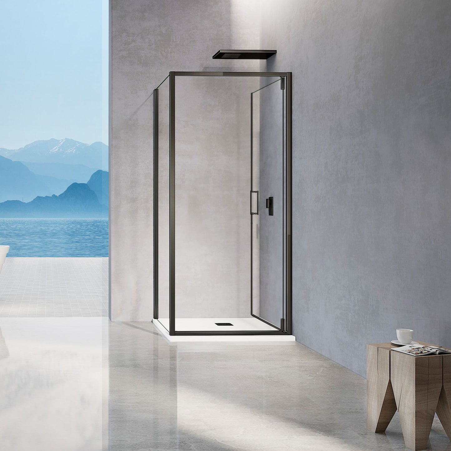 Cabine de douche en verre securit avec porte pivotante vers l'intérieur