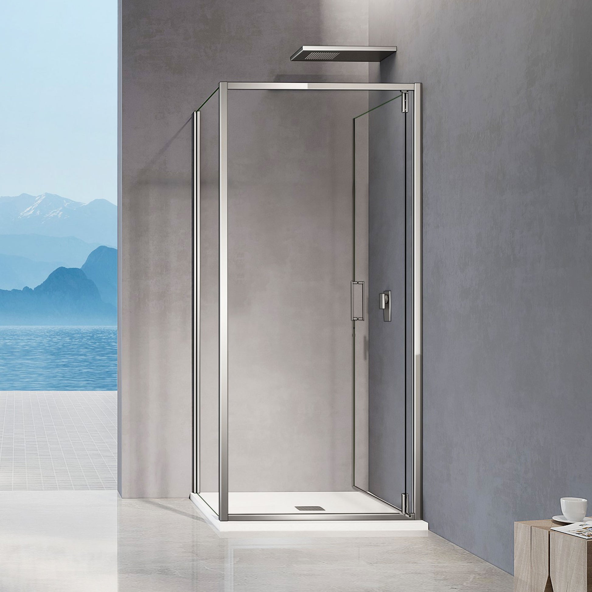 Cabine de douche en verre securit avec porte pivotante vers l'intérieur profilés chromés
