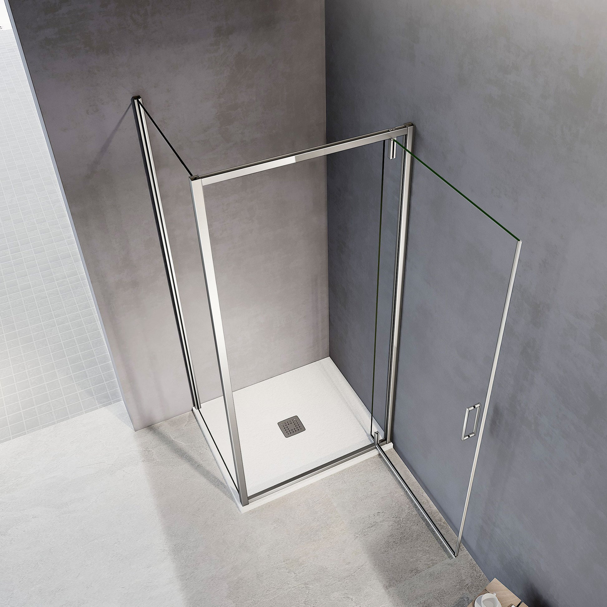 Cabine de douche en verre securit avec porte pivotante vers l'extérieur profilés chromés