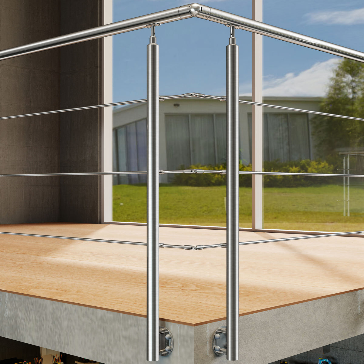 Garde-corps en acier inoxydable 304 3 traverses intérieur ou extérieur Fixation latérale à l'anglaise
