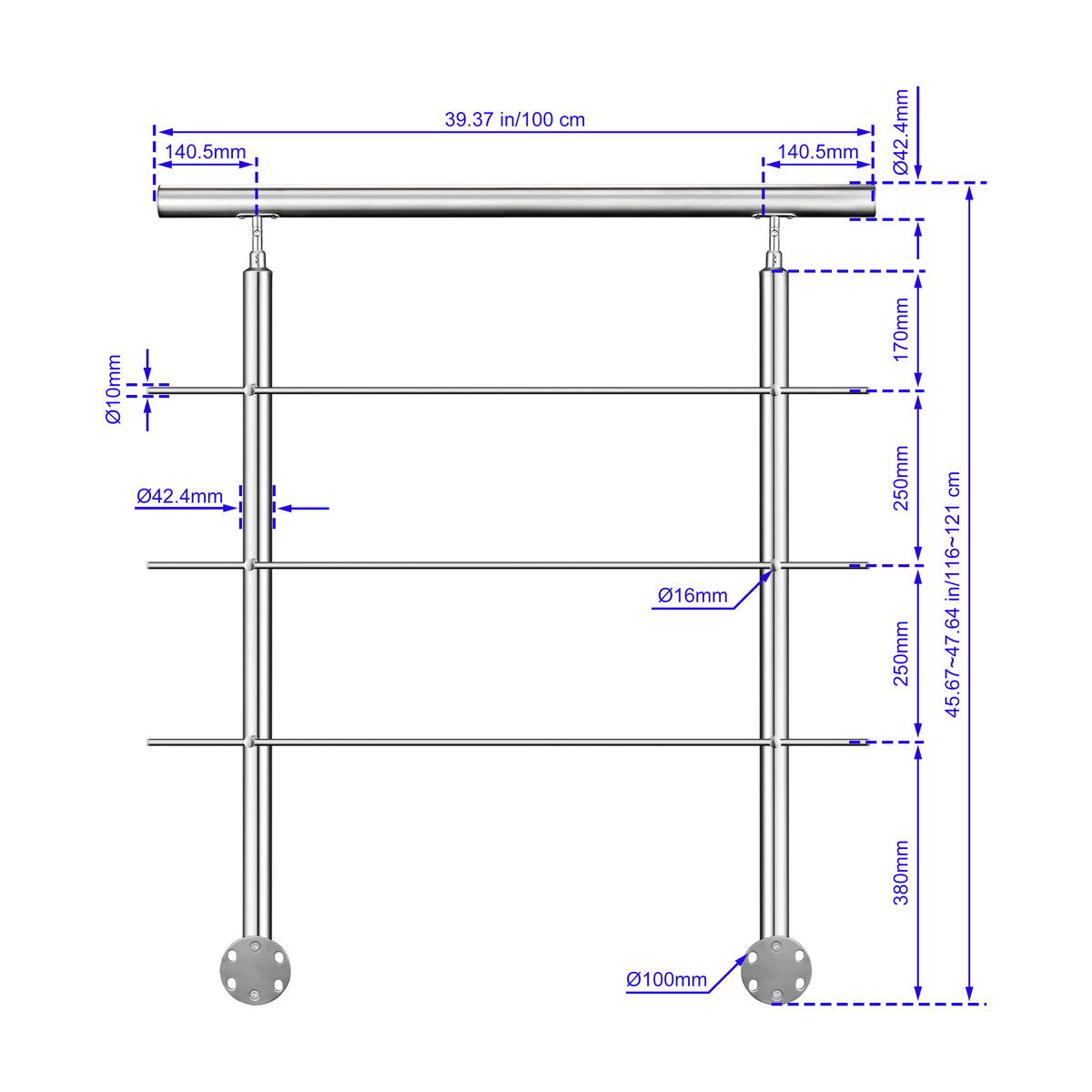 Garde-corps en acier inoxydable 304 3 traverses intérieur ou extérieur Fixation latérale à l'anglaise