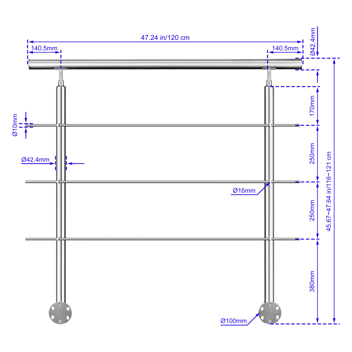 Garde-corps en acier inoxydable 304 3 traverses intérieur ou extérieur Fixation latérale à l'anglaise